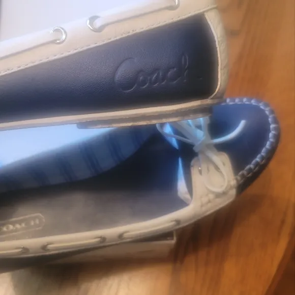 Coach Blue White Bow Tie Leather Boat Flats Loafers Drivers Shoes