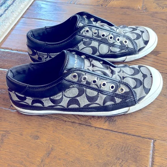 COACH Felix Laceless A5010 Jacquard Black White Logo Sneakers Shoes