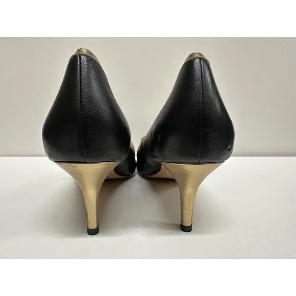 Cole Haan D40849 women size 10.5B black/gold leather Mary Jane pointy heel shoes