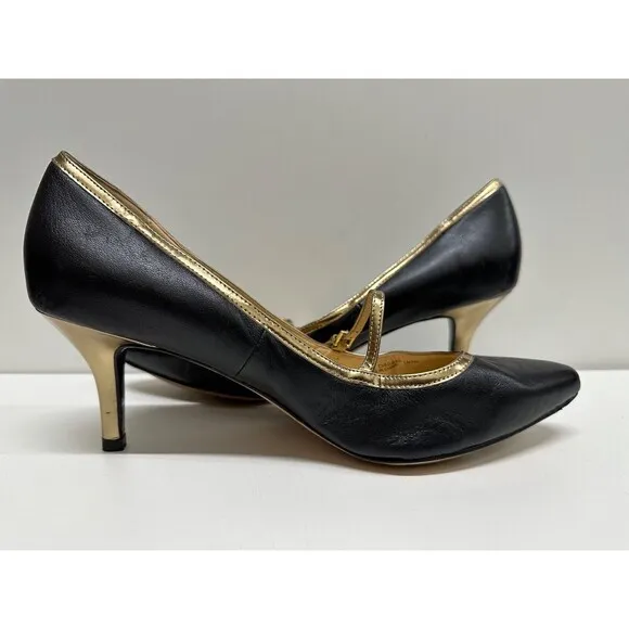 Cole Haan D40849 women size 10.5B black/gold leather Mary Jane pointy heel shoes