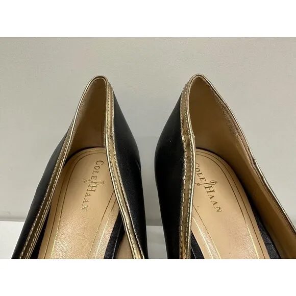 Cole Haan D40849 women size 10.5B black/gold leather Mary Jane pointy heel shoes