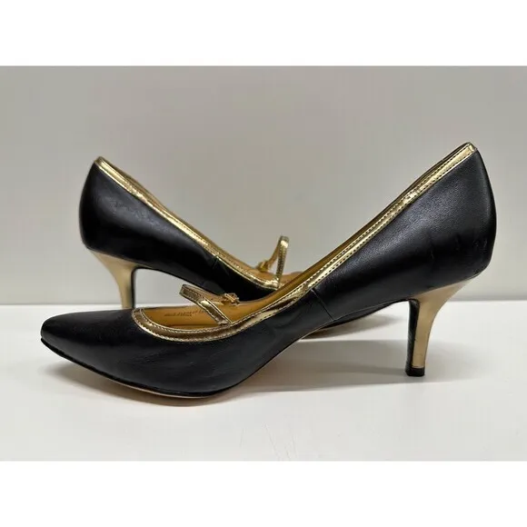 Cole Haan D40849 women size 10.5B black/gold leather Mary Jane pointy heel shoes