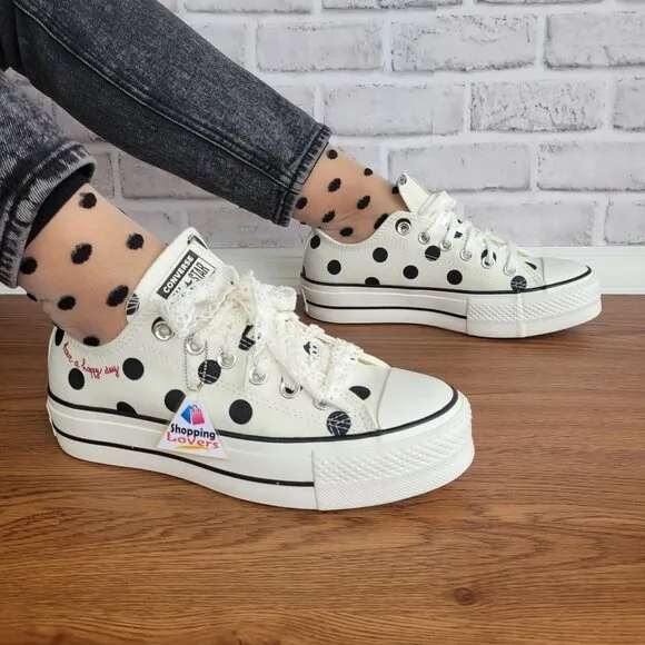 ❤️Converse Chuck Taylor Lift Platform Polka Dots 9.5 Women Shoes White A10689C