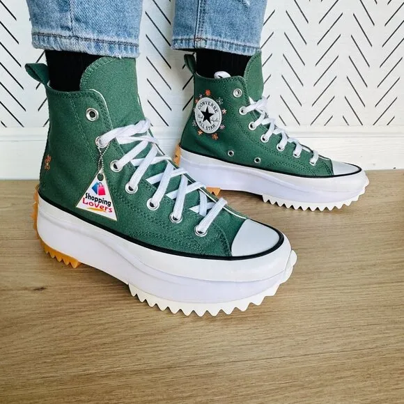 ⭐Converse Run Star Hike Hi Sz 8 Women Shoes Embroidered Flowers Green A11562C