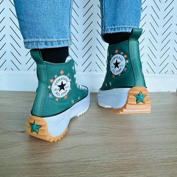 ⭐Converse Run Star Hike Hi Sz 8 Women Shoes Embroidered Flowers Green A11562C