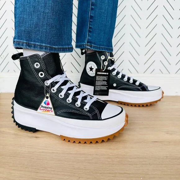 ⭐Converse Run Star Hike Hi Sz 9 Women Shoes Leather Sneakers Black White A04292C