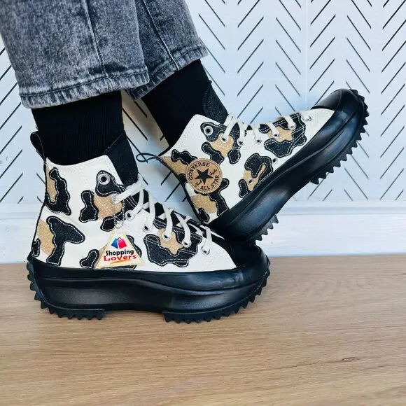 Converse Women Chunky Shoes 6.5 Run Star Motion Hi Leopard Platform Gold Glitter