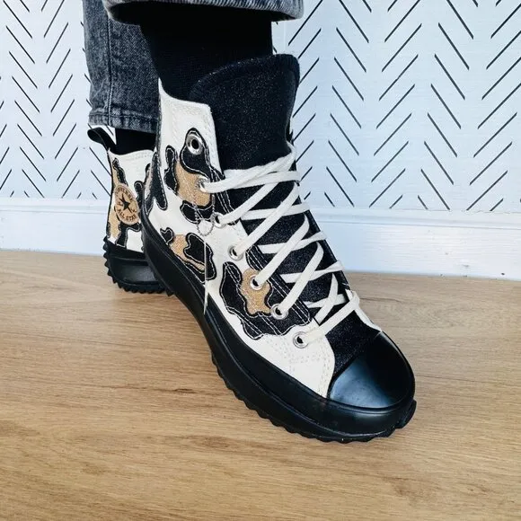 Converse Women Chunky Shoes 6.5 Run Star Motion Hi Leopard Platform Gold Glitter
