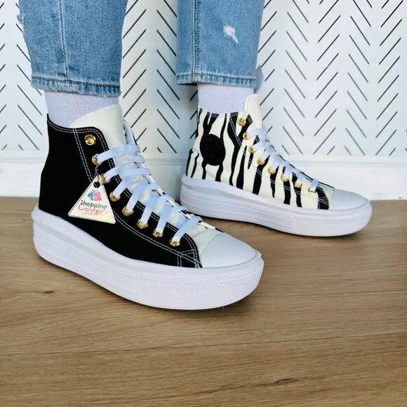 🤩Converse Women Shoes Custom Hi Sneakers 9 Black White Zebra Print Canvas Rare