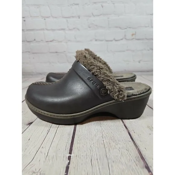 Crocs Cobbler Eva Faux Fur Lined Brown Clogs Mules Shoes Women's Size 8