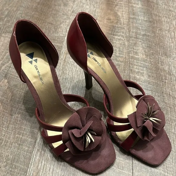 DaniBlack dark red leather stiletto high heeled shoes with floral detail  7.5