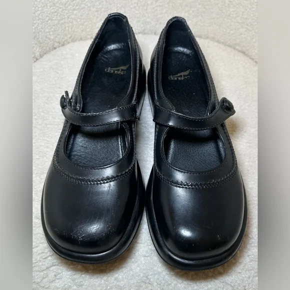 DANSKO Mary Jane’s black leather chunky goth elastic button closure strap 39