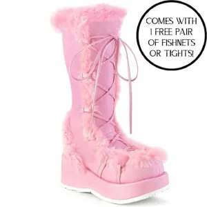 Demonia Cubby 311 Baby Pink Vegan Leather Mid Calf Boot with Faux Fur