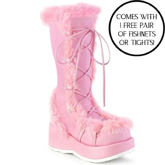 Demonia Cubby 311 Baby Pink Vegan Leather Mid Calf Boot with Faux Fur