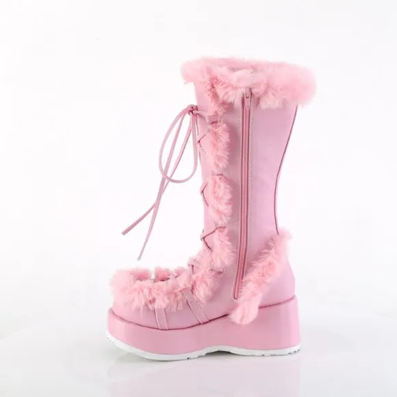 Demonia Cubby 311 Baby Pink Vegan Leather Mid Calf Boot with Faux Fur
