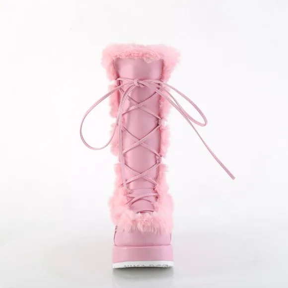 Demonia Cubby 311 Baby Pink Vegan Leather Mid Calf Boot with Faux Fur
