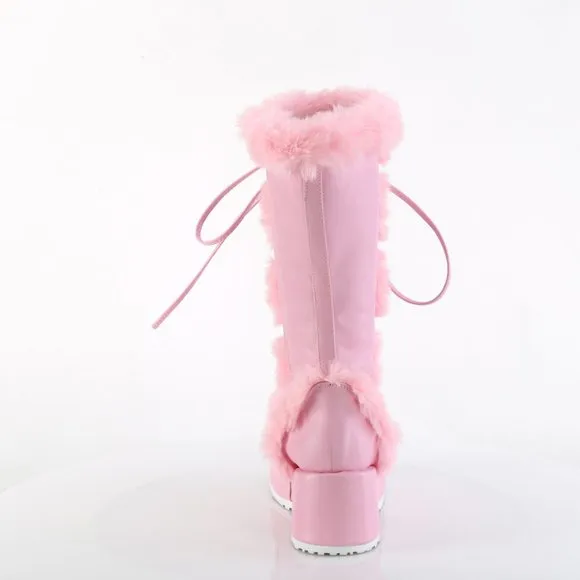 Demonia Cubby 311 Baby Pink Vegan Leather Mid Calf Boot with Faux Fur