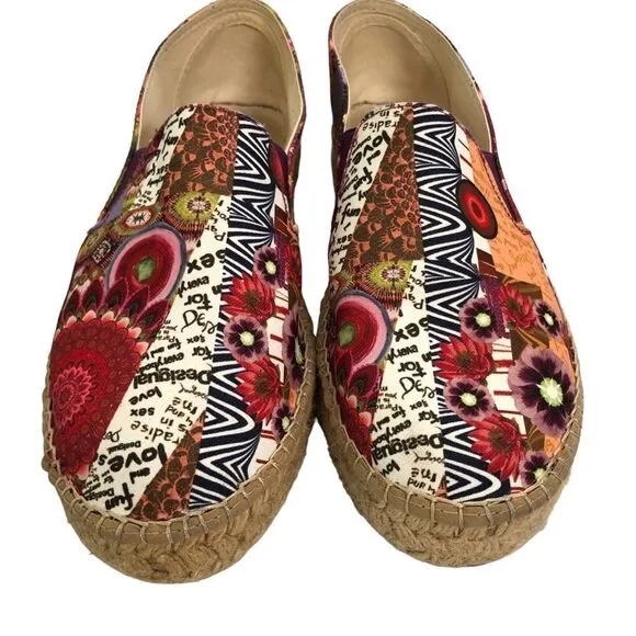 Desigual Canvas Espadrille Shoes Rojo Abril Floral Platform Flats Size 41