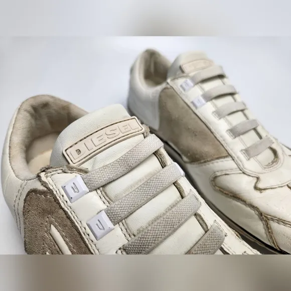 Diesel‎ Vintage Rare Mens White Leather Elastic Slip On Sneakers Size 7.5…
