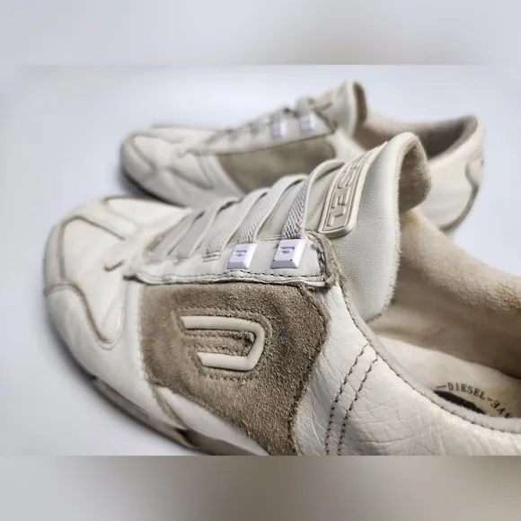 Diesel‎ Vintage Rare Mens White Leather Elastic Slip On Sneakers Size 7.5…