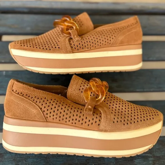 Dolce Vita Jhenee Womens Perf Sneaker 9 Brown Suede Platform Loafer Chain Accent