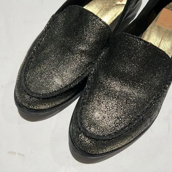 DOLCE VITA Loafers Black &amp; Gold Leather Size 6.5. B64