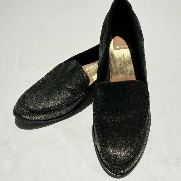 DOLCE VITA Loafers Black &amp; Gold Leather Size 6.5. B64