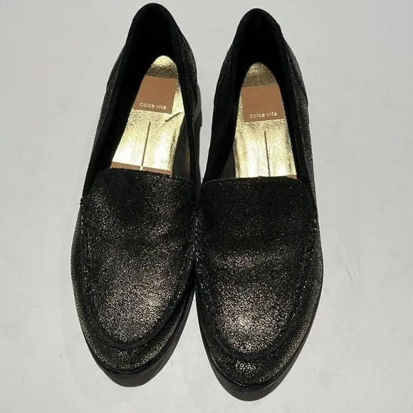DOLCE VITA Loafers Black &amp; Gold Leather Size 6.5. B64