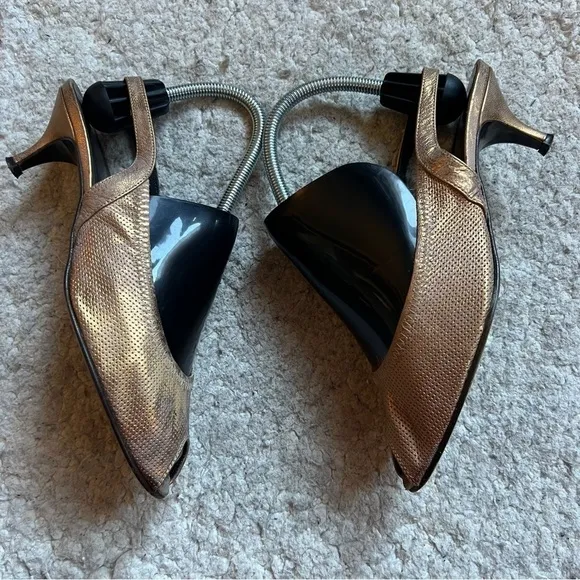 Donald Pliner: Dolly Copper Leather Peep Toe Slingback Kitten Heel Dress Shoes