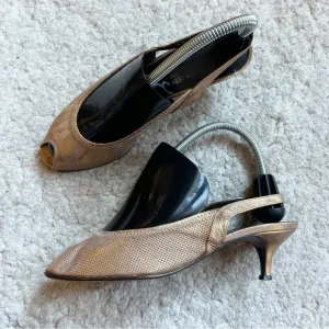 Donald Pliner: Dolly Copper Leather Peep Toe Slingback Kitten Heel Dress Shoes