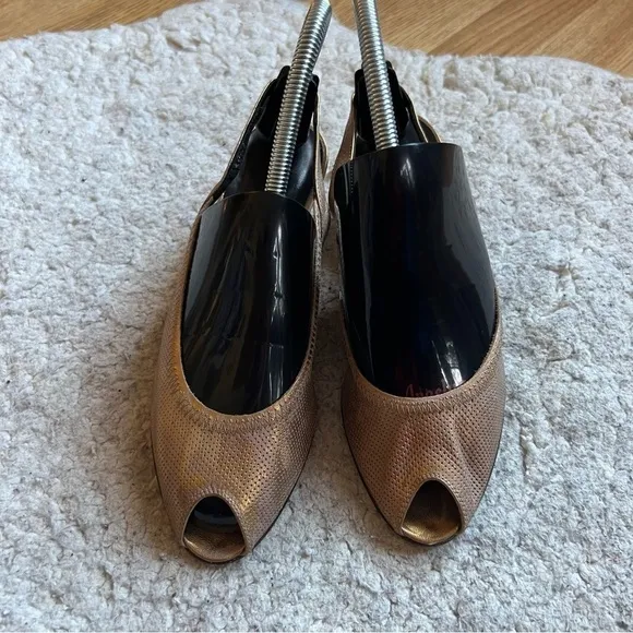 Donald Pliner: Dolly Copper Leather Peep Toe Slingback Kitten Heel Dress Shoes