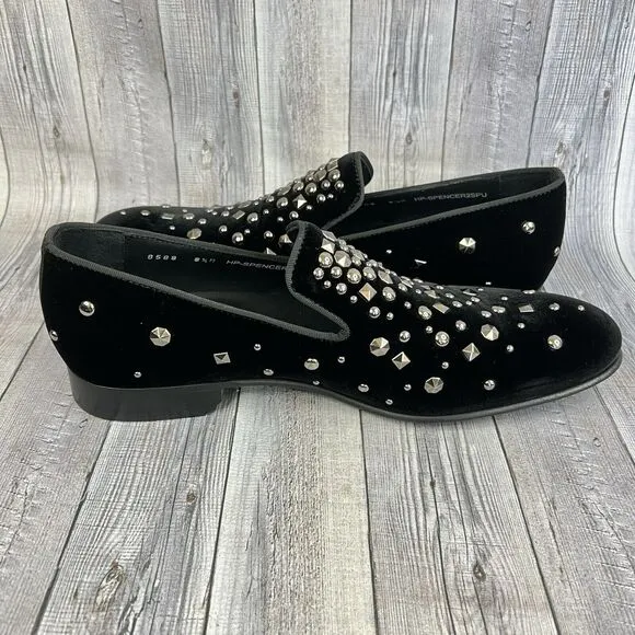 Donald Pliner Spencer Velvet Studded Slip-On Loafers Shoes Black Mens 8.5 US NEW