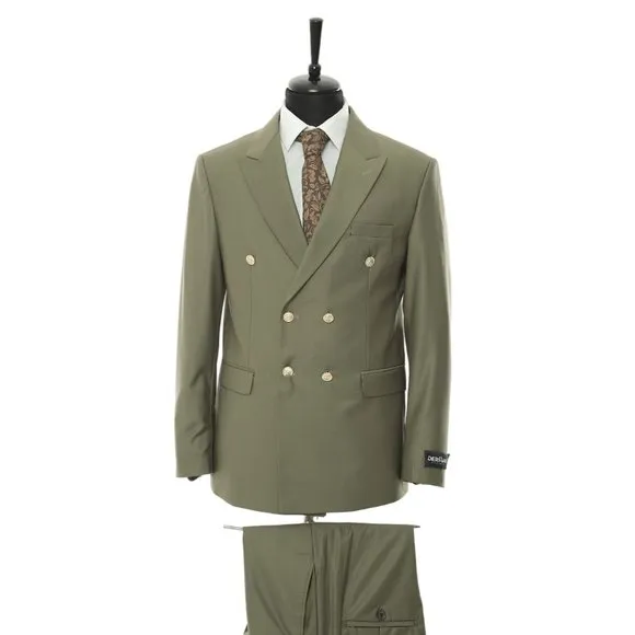 Double-Breasted 2pc Suit By Derman, Olive Green