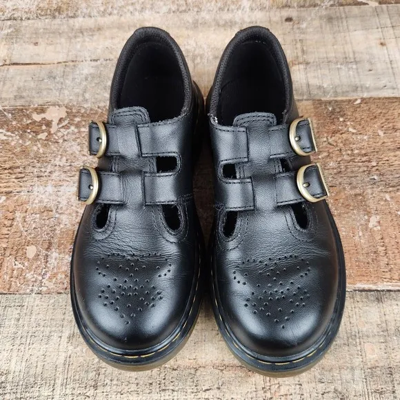 Dr Martens 8065 J Mary Jane Girls Size 1 Black Smooth Leather Hook &amp; Loop Shoes
