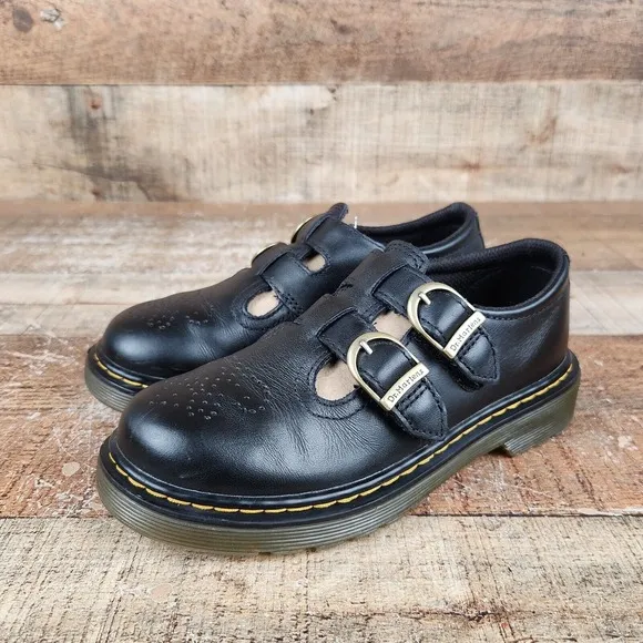 Dr Martens 8065 J Mary Jane Girls Size 1 Black Smooth Leather Hook &amp; Loop Shoes