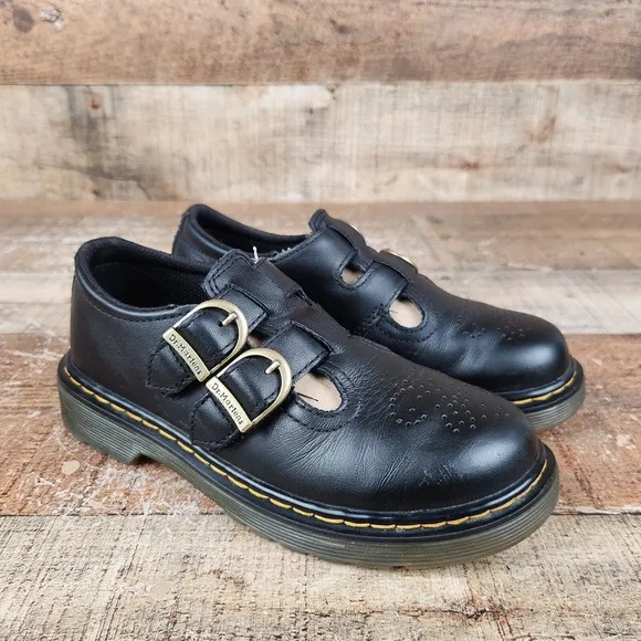 Dr Martens 8065 J Mary Jane Girls Size 1 Black Smooth Leather Hook &amp; Loop Shoes