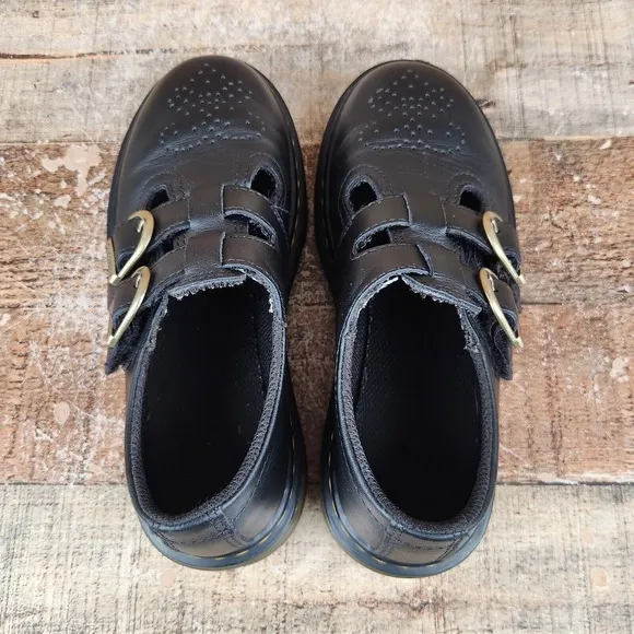Dr Martens 8065 J Mary Jane Girls Size 1 Black Smooth Leather Hook &amp; Loop Shoes