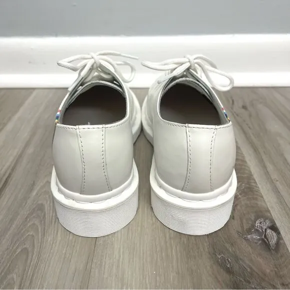 Dr. Martens Shoes Girls 4 White Leather w/Monochrome Rainbow Stripe Derby Oxford