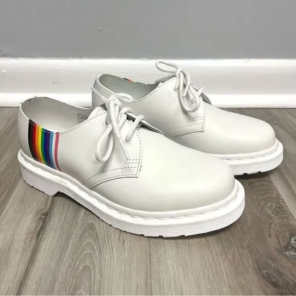 Dr. Martens Shoes Girls 4 White Leather w/Monochrome Rainbow Stripe Derby Oxford