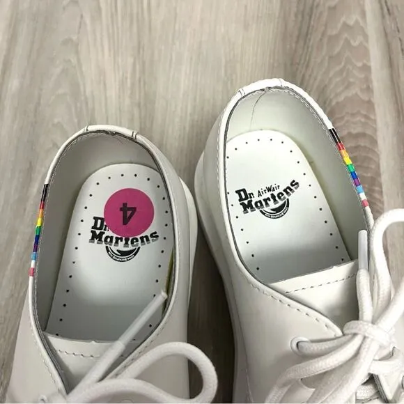 Dr. Martens Shoes Girls 4 White Leather w/Monochrome Rainbow Stripe Derby Oxford