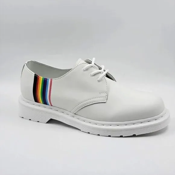 Dr. Martens Shoes Girls 4 White Leather w/Monochrome Rainbow Stripe Derby Oxford