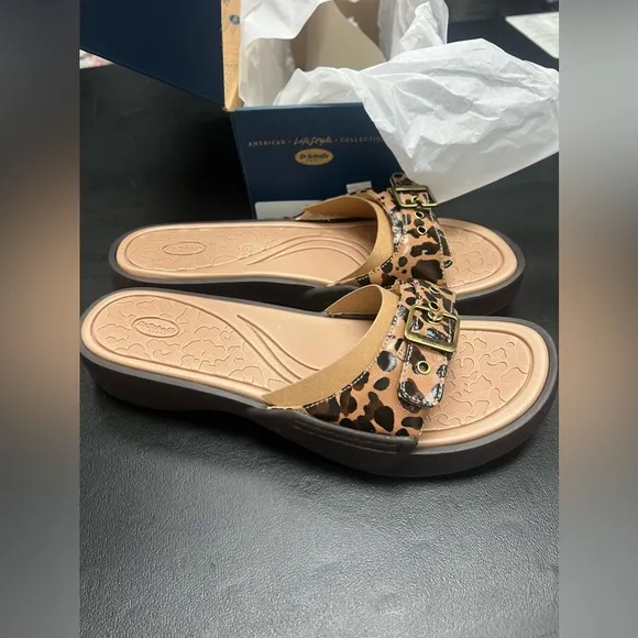 DR. SCHOLL'S Women's Rock On Slide Sandals Brown Leopard Retro Shoes 11 M NEW