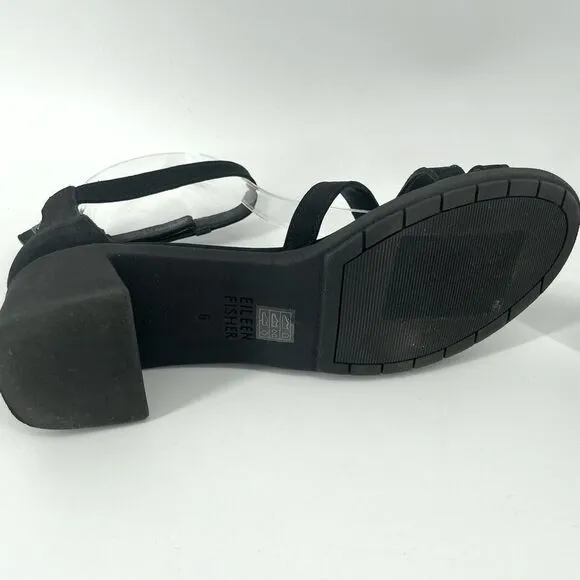 Eileen Fisher Noni Black Leather Ankle Strap Block Heel Sandals Size 6