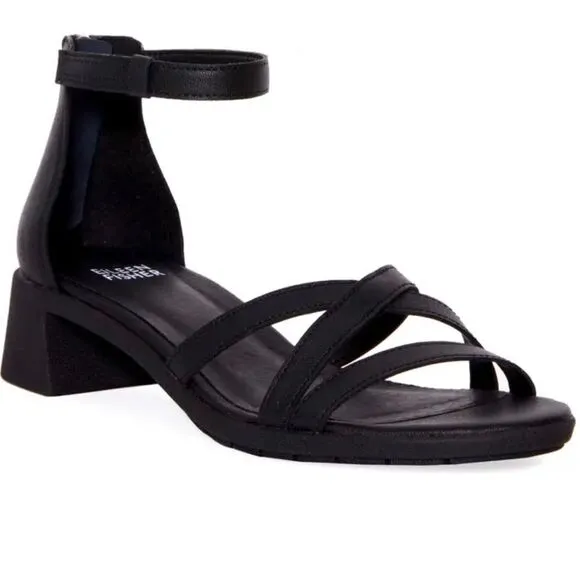 Eileen Fisher Noni Black Leather Ankle Strap Block Heel Sandals Size 6