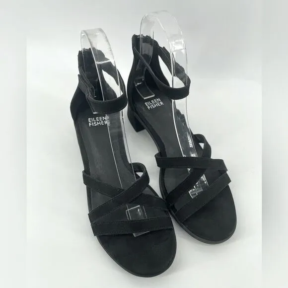 Eileen Fisher Noni Black Leather Ankle Strap Block Heel Sandals Size 6