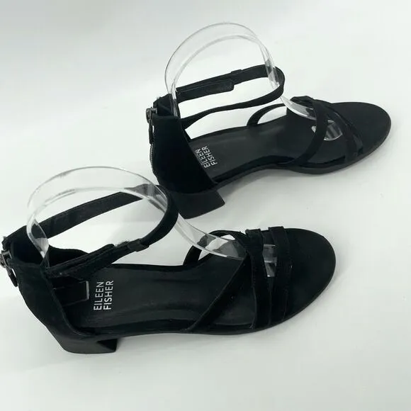Eileen Fisher Noni Black Leather Ankle Strap Block Heel Sandals Size 6