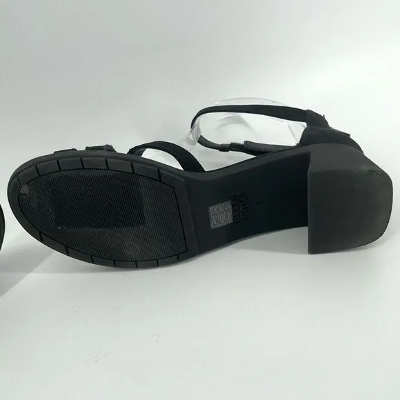 Eileen Fisher Noni Black Leather Ankle Strap Block Heel Sandals Size 6