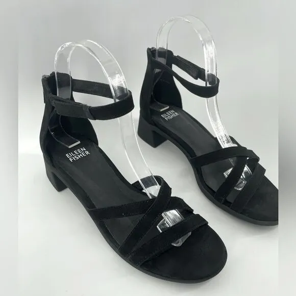 Eileen Fisher Noni Black Leather Ankle Strap Block Heel Sandals Size 6