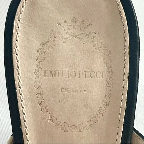 Emilio Pucci Slides, satin fabric print on black, 3 3/4” heel, Sz7 w/Pucci tote!