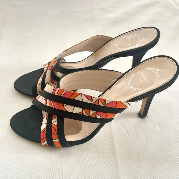 Emilio Pucci Slides, satin fabric print on black, 3 3/4” heel, Sz7 w/Pucci tote!